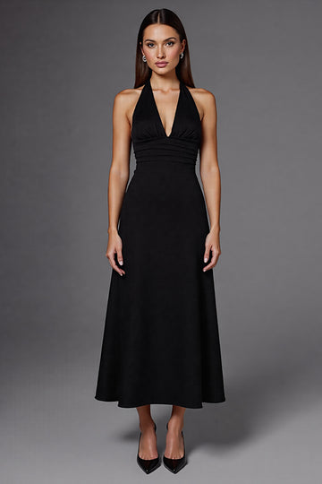 A Line Halter Sleeveless Black Long Formal Dress